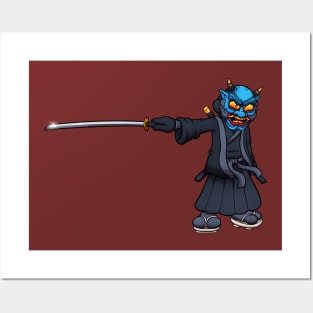 Japanese Warrior With Blue Oni Mask Posters and Art